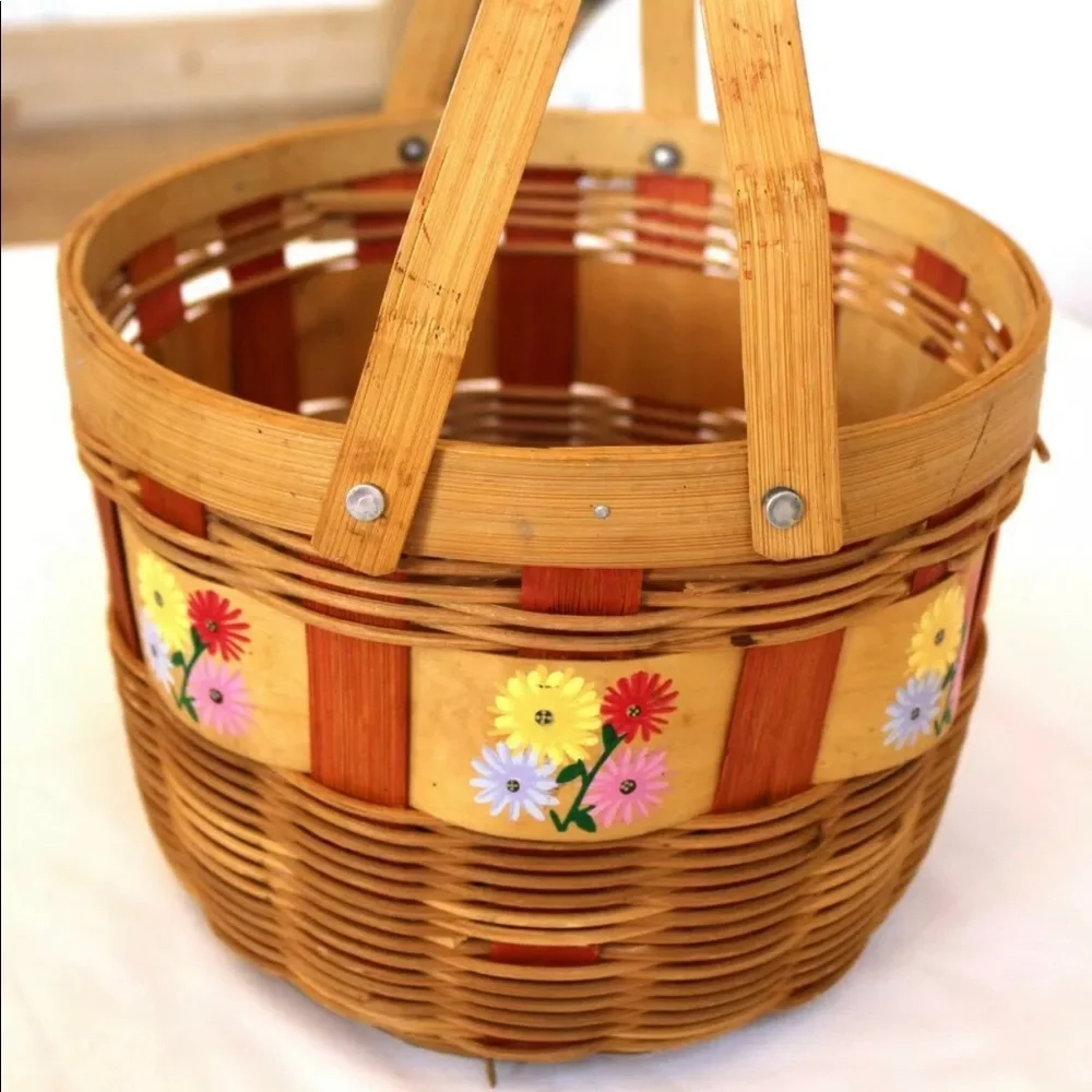 Painted 🌸 Split Oak Basket Double‎ Hinged Handles